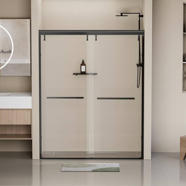 Abruzzo 60 in. W x 76 in. H Semi-Frameless Double Sliding Shower Door in Matte Black with 5/16 in. Thick Tempered Clear Glass