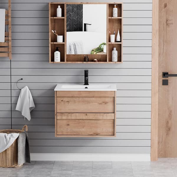 eclife 24 in. W x 18.1 in. D x 18.1 in. H Single Sink Bath Vanity in Oak with White Ceramic Top and Drain Faucet Set