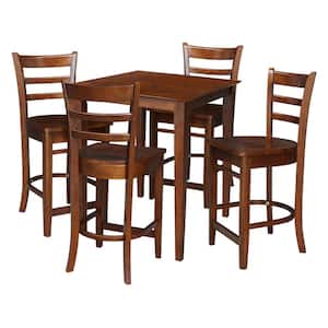 5 PC Set - Espresso Solid Wood 30 in. Square Table with 4 Side Stools