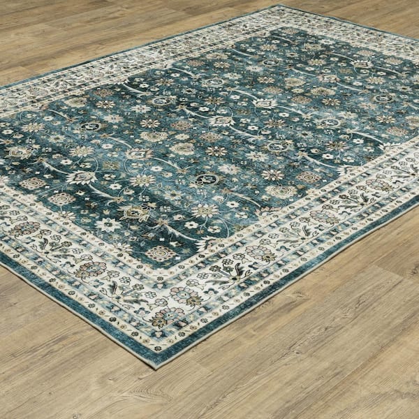 Summit Teal/Ivory 4 ft. x 6 ft. Traditional Oriental Border Polyester Machine Washable Indoor Area Rug