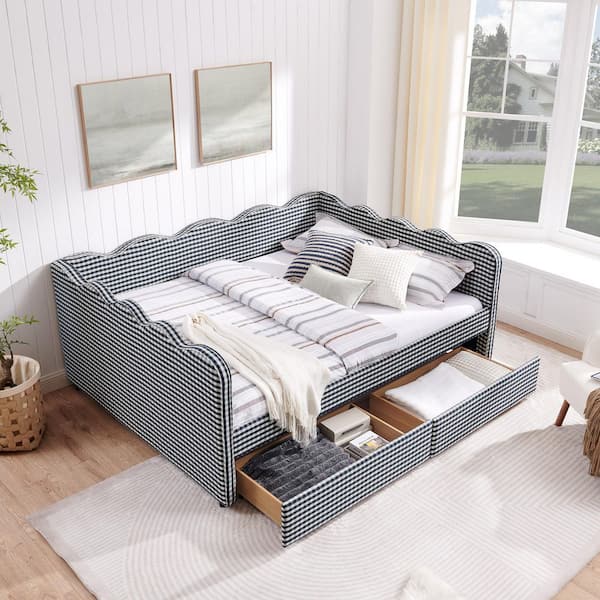 Corland Modern Navy Blue Gingham Linen Upholstered Queen Size Daybed with Drawers and USB Port, Adorable Wave Shaped