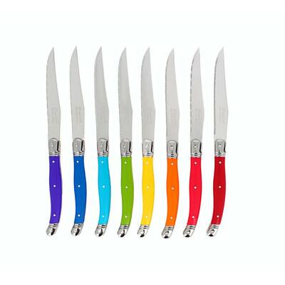 French Home Laguiole 4.5 in. Stainless Steel Full Tang Serrated 8-Piece Steak Knife Set, Rainbow Colors