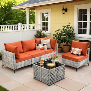 Holston 5-Piece Wicker Modern Outdoor Patio Conversation Sofa Sectional Set with Orange Red Cushions