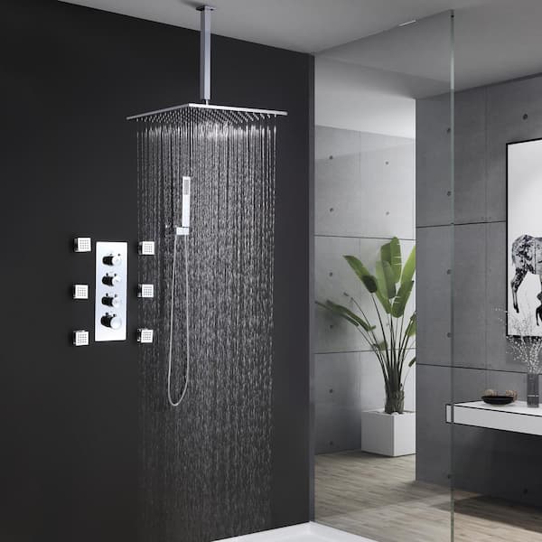 3-Spray 12 in. Ceiling Mount Square Wall Bar Shower Kit with 6 Body Spray and Brass Handheld Shower in Chrome