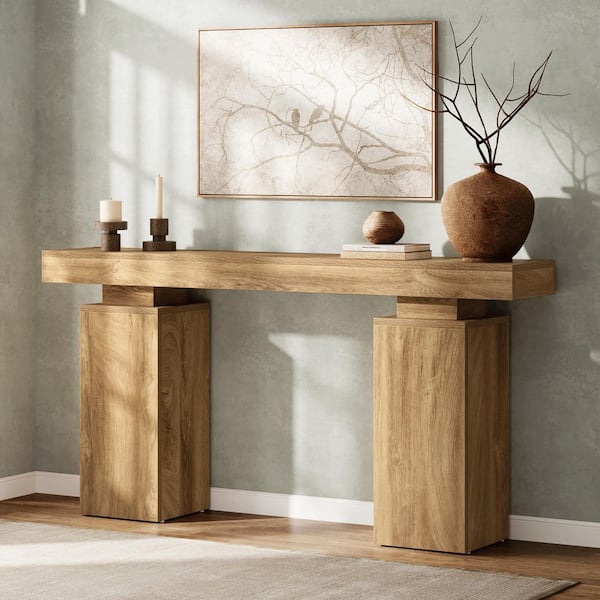 BYBLIGHT Turrella 63 in. Light Brown Console Tables, Rectangle Wood Console Table Farmhouse Entryway Table with Double Pedestal