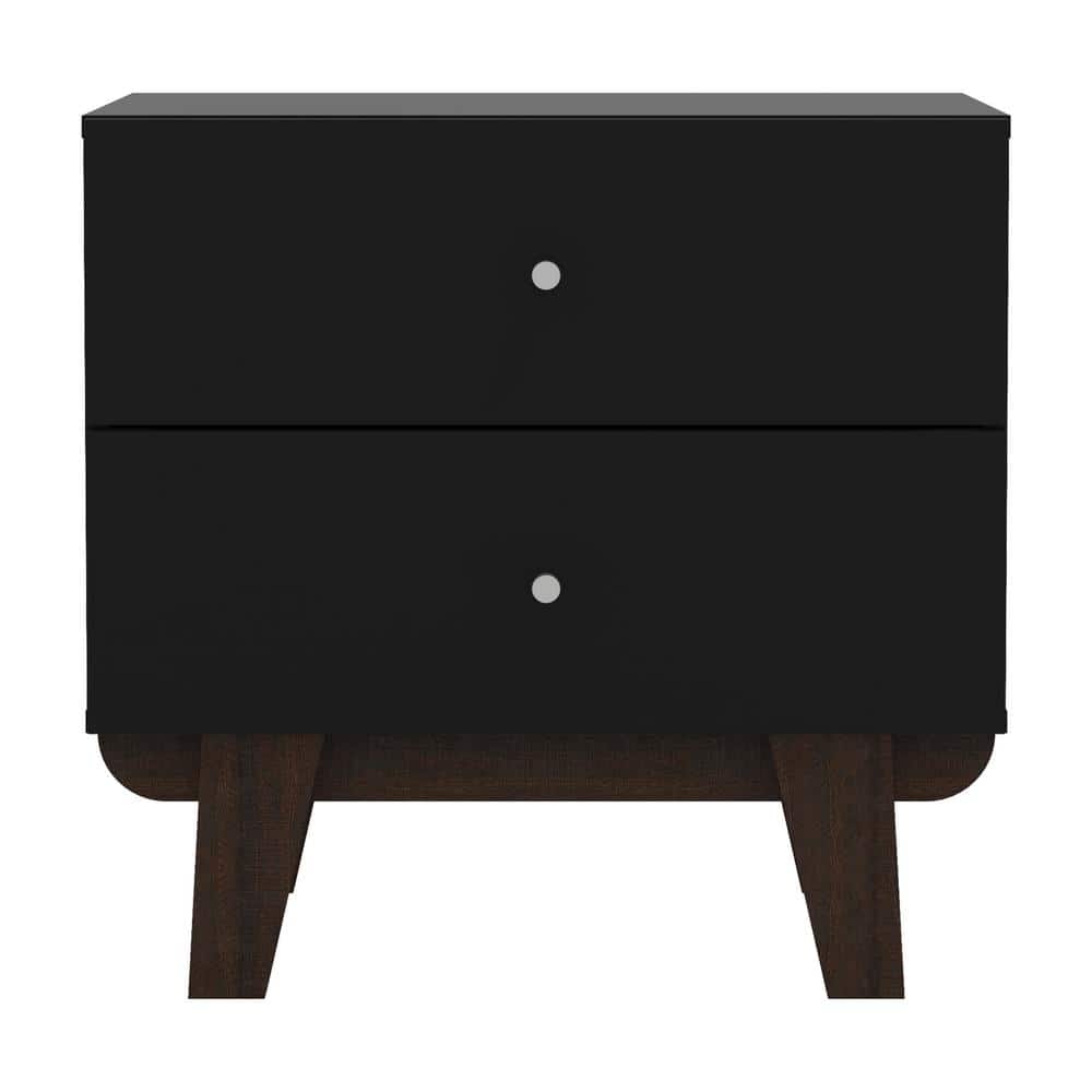 Kincaid Matte Black Wood 2-Drawer Nightstand with Walnut Legs