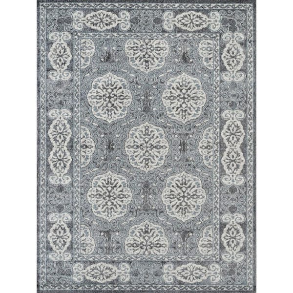 Alexandria 9 x 12 Steel Blue Bordered Pattern Area Rug for High Traffic Living Room Dining Room Bedroom