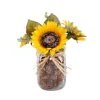 9.5 in. H Fall Harvest Artificial Yellow Sunflowers Garden in Glass Pinecone Jar