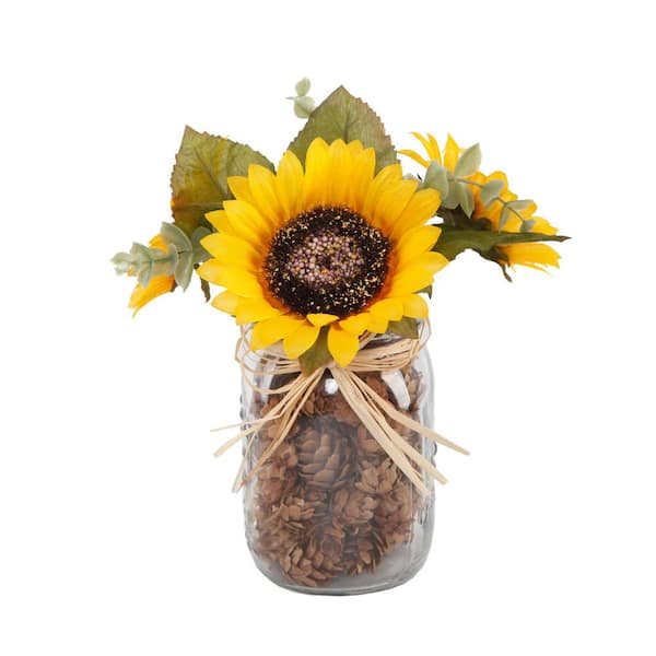 Flora Bunda 9.5 in. H Fall Harvest Artificial Yellow Sunflowers Garden in Glass Pinecone Jar