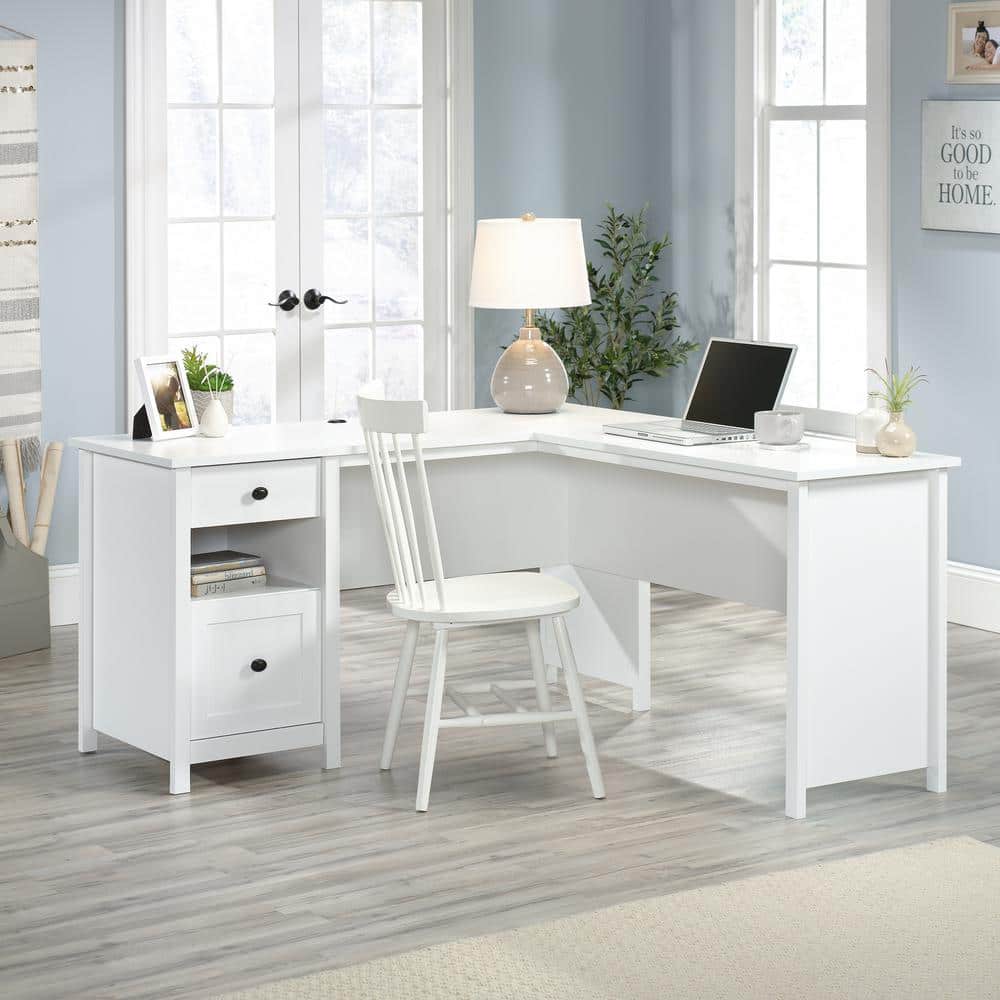 Soft White L-Shaped Executive Desk with Drawer and Filing Cabinet