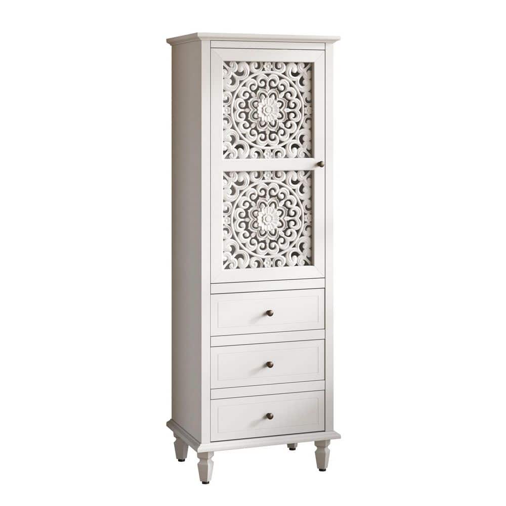 White Solid Wood Pantry Organizer, Farmhouse Vintage Decorative Cabinet with Carved Door and 3-Drawers