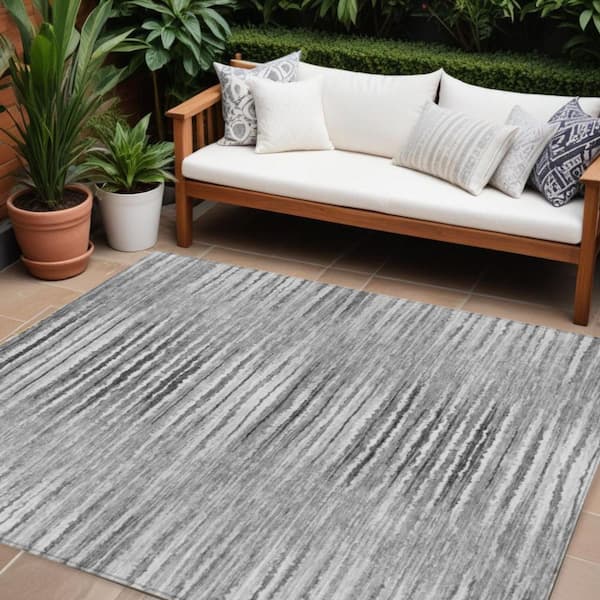 Silver, Gray, Charcoal 10 ft. x 14 ft. Woven Striped Polyester Rectangle Indoor/Outdoor Area Rug