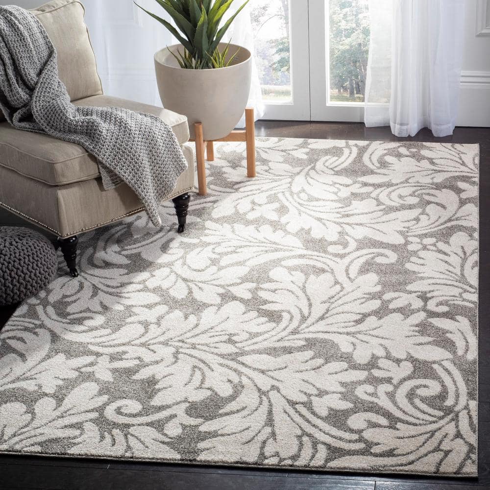 Floral Dark Grey & Beige Synthetic 8' x 10' Easy-Care Area Rug