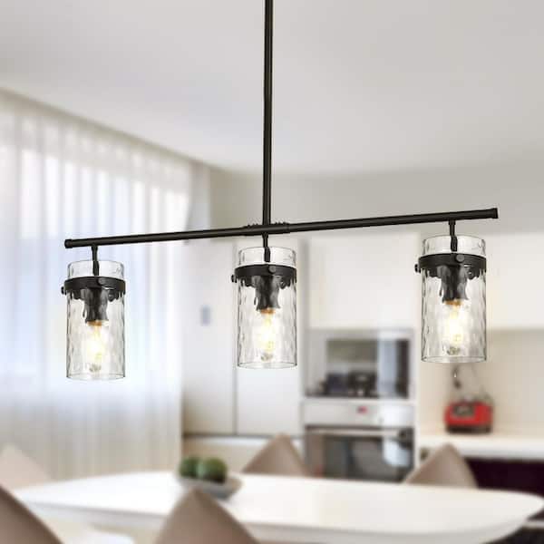 Henveton Kinlea 3 Light Matte Black Modern Cylinder Chanderlier with Clear Hammered Glass Shades for Kitchen Island, Bedroom