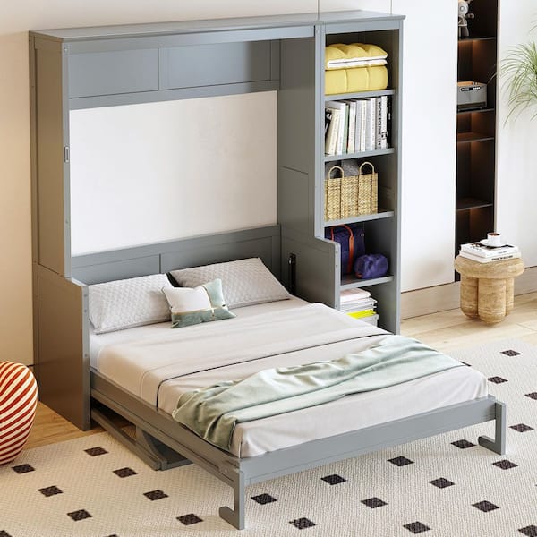 Gray Wood Frame Full Murphy Bed with Desk and Bookshelf