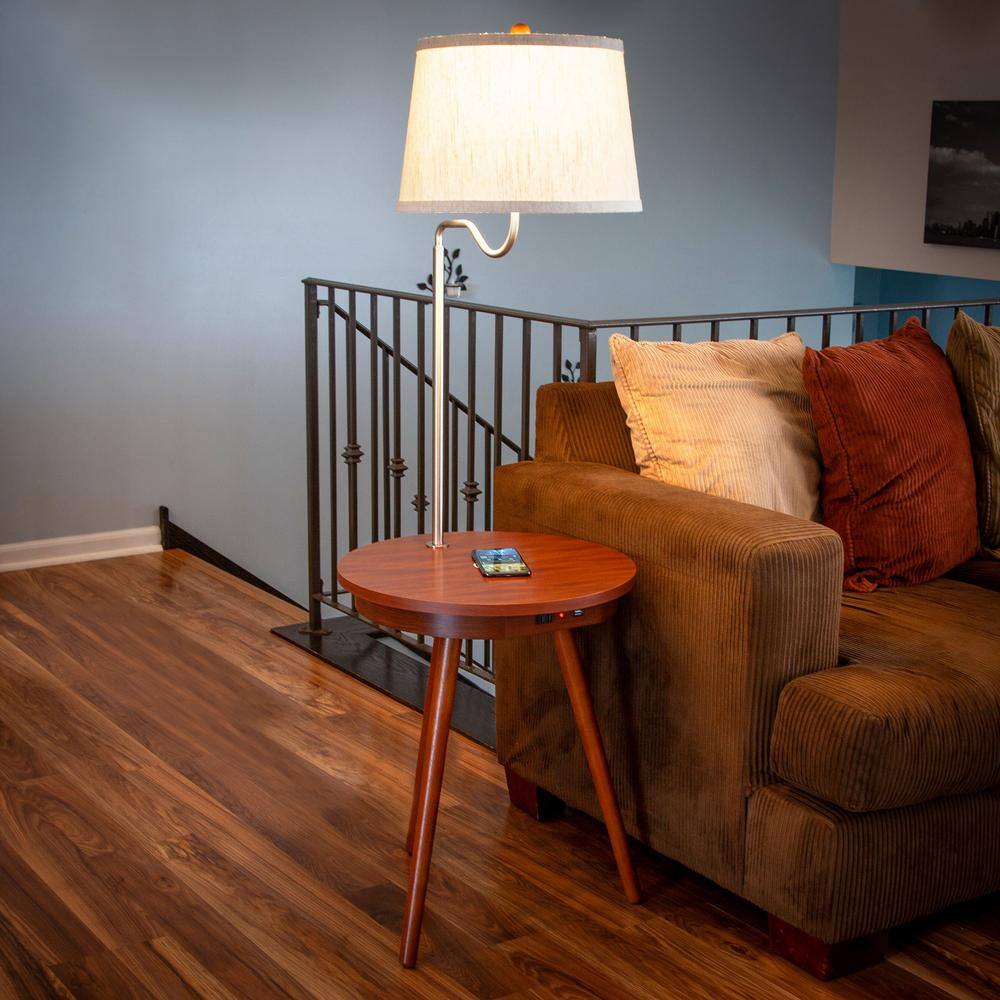 Owen Adjustable Tripod Floor Lamp with Built-In Table and USB Ports, Natural Wood & White