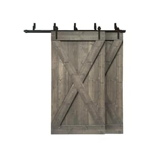 76 in. x 84 in. X Series Bypass Weather Gray Stained Solid Pine Wood Interior Double Sliding Barn Door with Hardware Kit