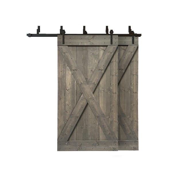 CALHOME 76 in. x 84 in. X Series Bypass Weather Gray Stained Solid Pine Wood Interior Double Sliding Barn Door with Hardware Kit