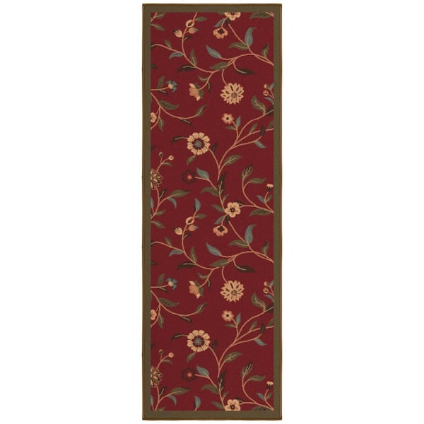 Ottomanson Basics Collection Non-Slip Rubberback Floral Leaves 2x5 Indoor Runner Rug, 1 ft. 8 in. x 4 ft. 11 in., Red