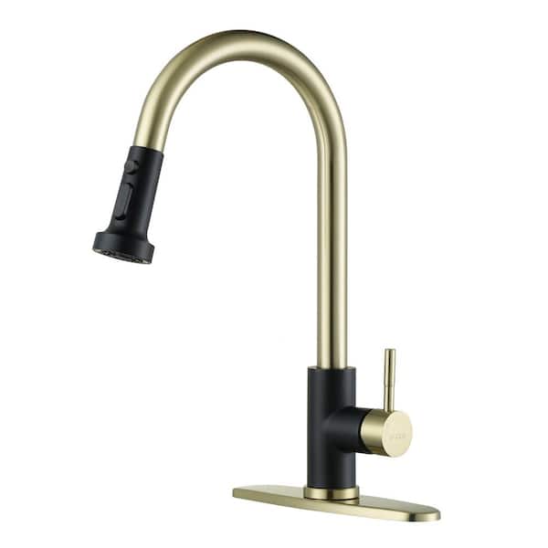 WOWOW Single Handle Deck Mount Gooseneck Pull Down Sprayer Kitchen Faucet in Matte Black and Brushed Gold