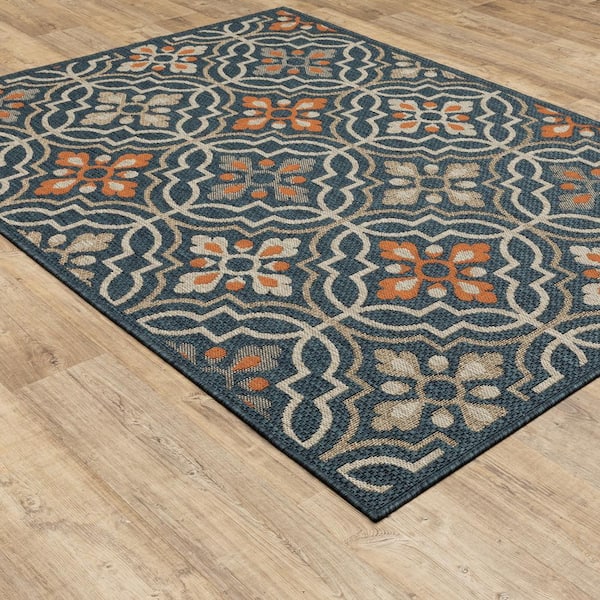 Bermuda Blue/Orange 10 ft. x 13 ft. Floral Indoor/Outdoor Patio Area Rug