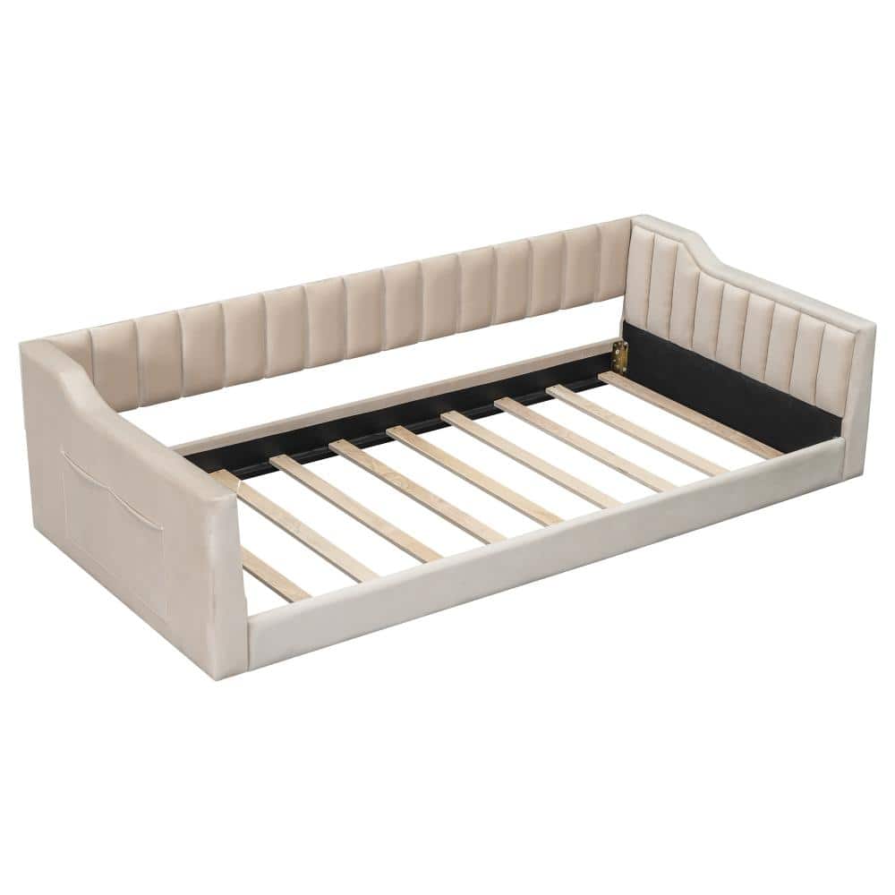 Twin XL Upholstered Daybed with Side Storage Pocket Beige Velvet Wood Frame No Box Spring Needed Assembled