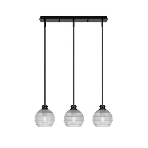 Unbranded Albany 60-Watt 3-Light Espresso Linear Pendant Light with Clear Ribbed Glass Shades and No Bulbs Included