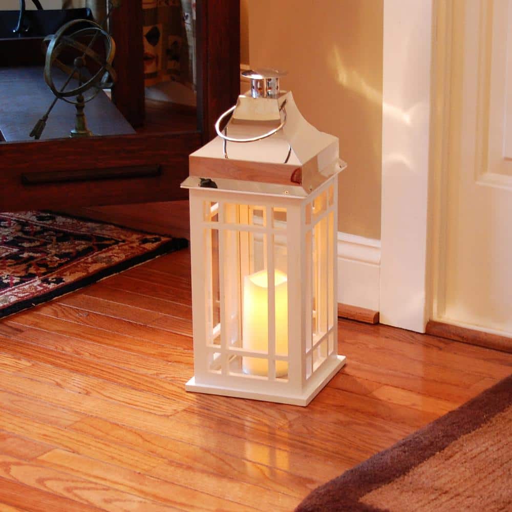 Elegant White Wood and Chrome LED Lantern, Flameless Ambient Light