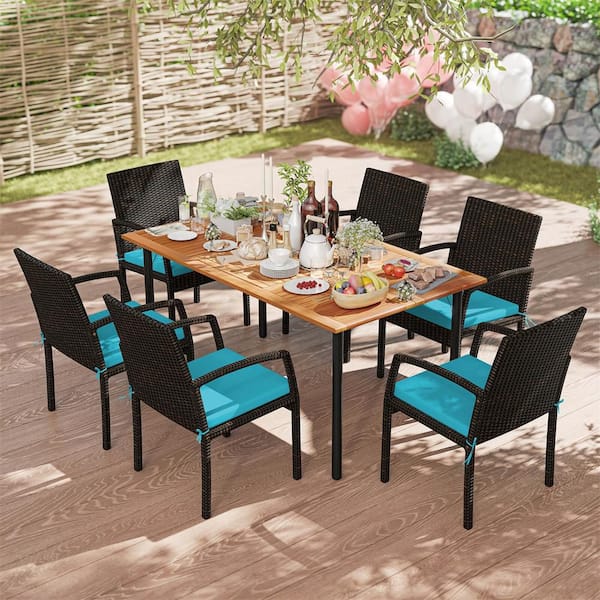 7-Piece Wicker Rectangular Outdoor Dining Set with Turquoise Cushions