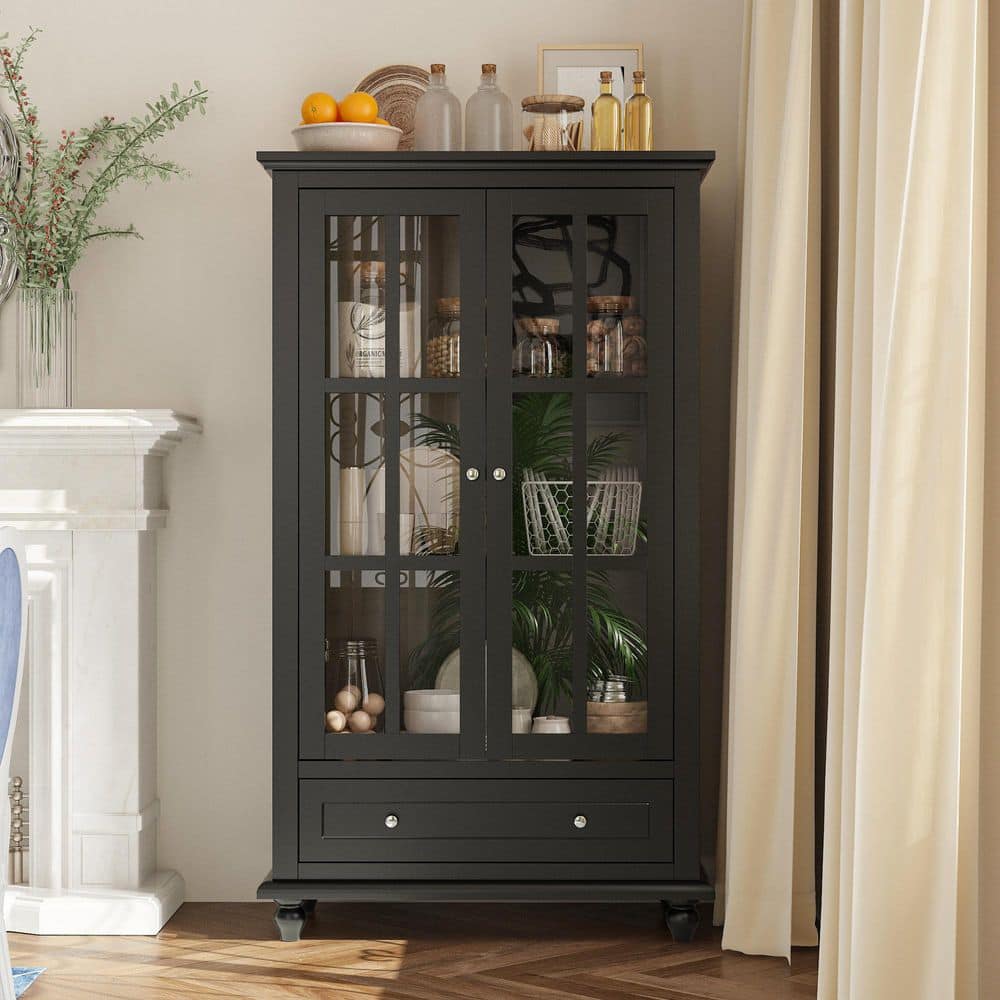 Black Wood 31.5 in. x 55.1 in. Pantry Cabinet with 3 Adjustable Shelves, Glass Doors and Drawer for Dining Room Storage price history on PriceWatchPro