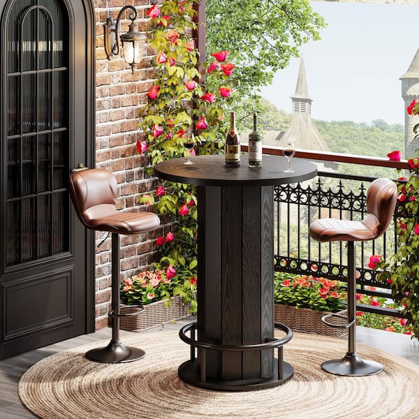 BYBLIGHT Kearsten 39.4 in. H Black Round Bar Table, Bistro Pub Table with Metal Ring Footrest for Dining Coffee Cocktail