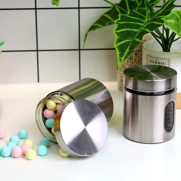 6-Piece Kitchen Canisters Set with Window, Stainless Steel Containers with Lids for Flour, Cookies, Spices, Silver