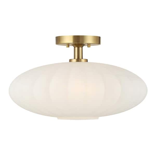18 in. W x 11 in. H 1-Light Natural Brass Traditional Semi-Flush Mount with White Strie Glass Shade