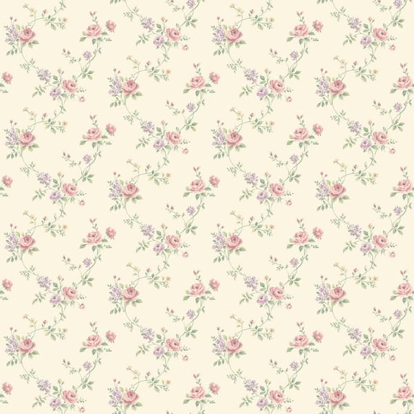 Unbranded Miniatures 2-Lilac/Pink/Green/Cream Rose Floral Trail Design Matte Finish Non-Pasted Vinyl on Non-Woven Wallpaper Roll