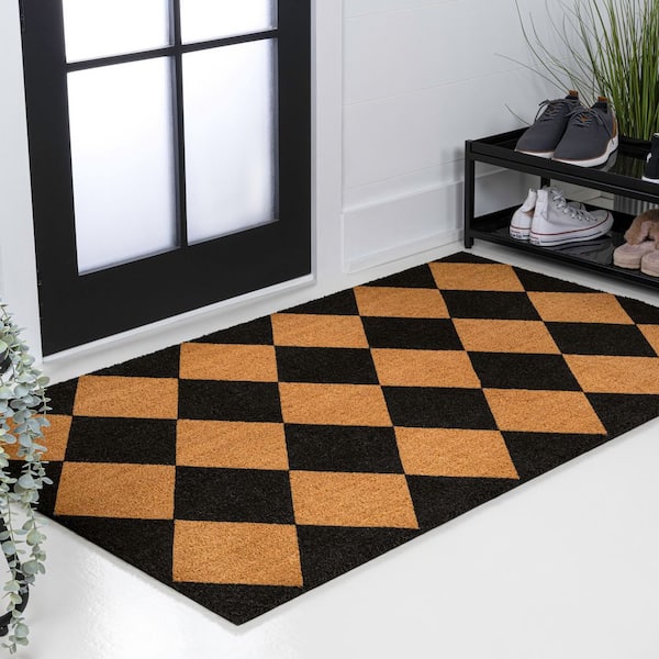 Peater Classic Casual Commerical Natural Coir Natural/Black Geo 3 ft. x 6 ft. Indoor/Outdoor Runner Rug