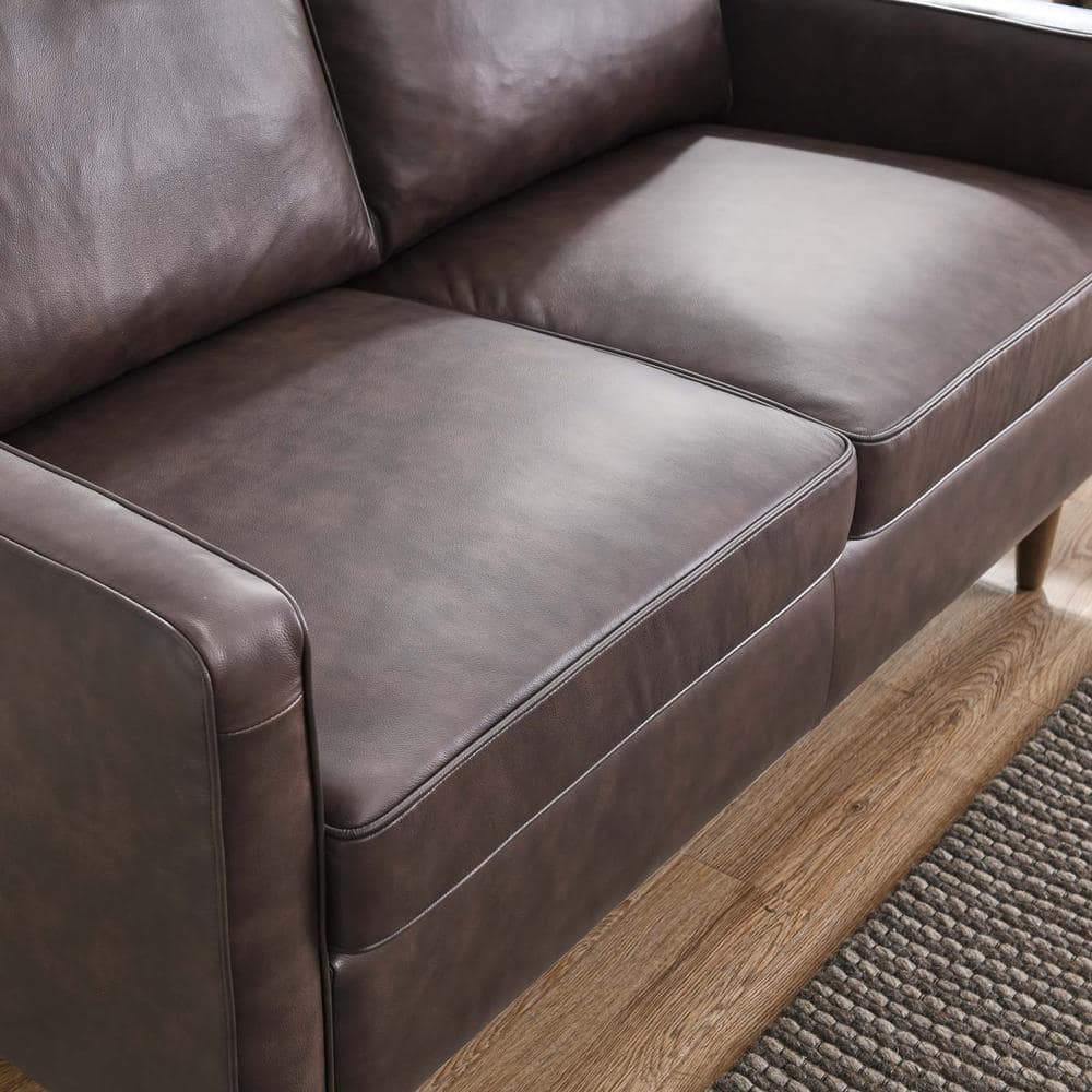 Mid-Century Genuine Leather Brown Loveseat with Walnut Legs