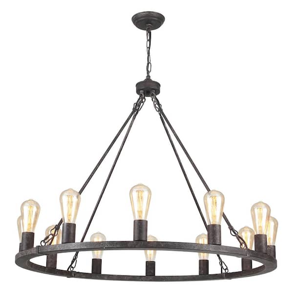 12-Light Antique Black Circle Candle Design Wagon Wheel Chandelier Linear Chandelier Lighting for Dining Room
