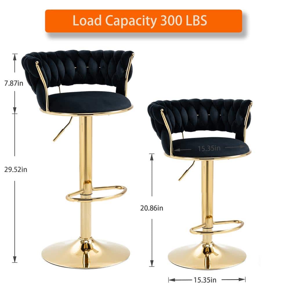 Black Velvet Adjustable Swivel Bar Stools with Gold Frame, Set of 2