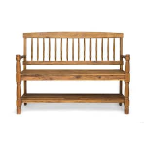 2-Person Teak Acacia Wood Outdoor Bench with Shelf