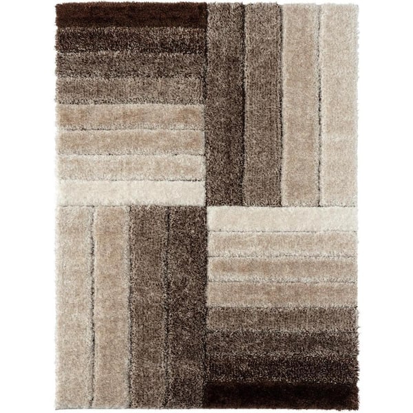 LUXE WEAVERS Lantanas Collection Brown 8 ft. x 10 ft. Shag Geometric Striped Polypropylene Area Rug