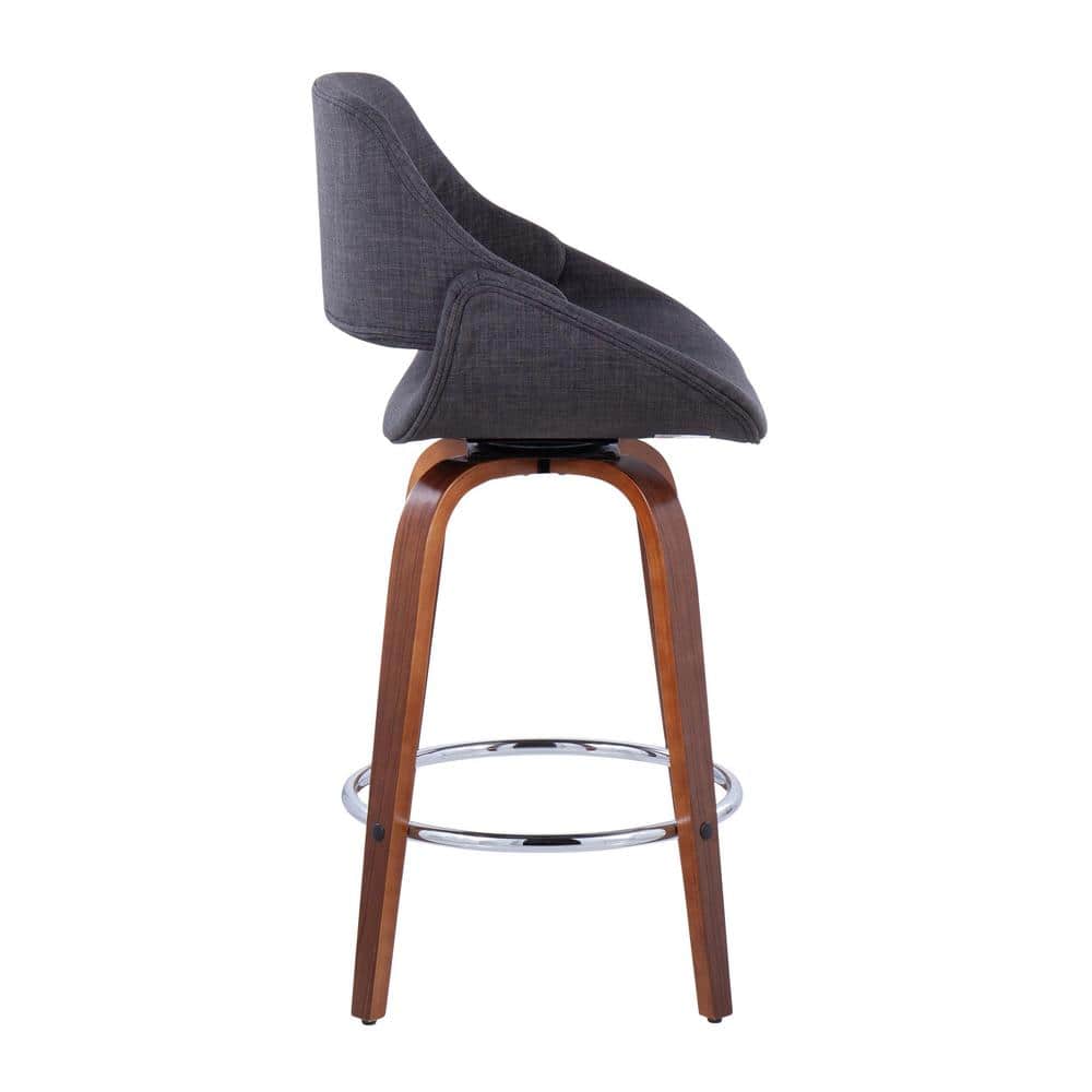 Walnut and Charcoal Swivel Counter Stools with Chrome Footrest, Set of 2
