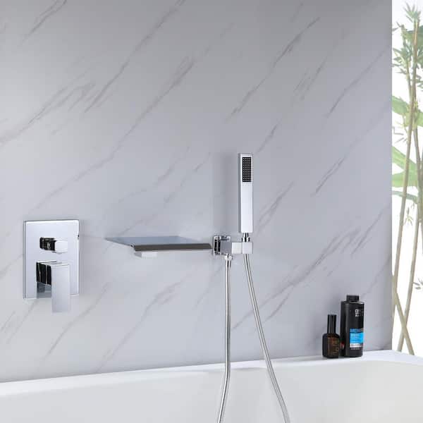 Single-Handle Wall-Mount Roman Tub Faucet Waterfall Tub Faucet with Hand Shower in Chrome