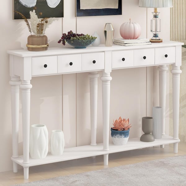 59.8 in. White Rectangle MDF Console Table with 4-Drawers and Open Shelf