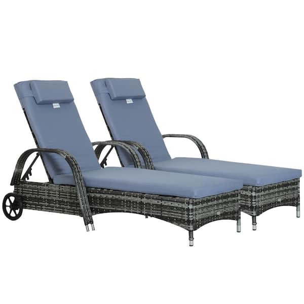 Outsunny 2-Piece Metal, Rattan Rolling Outdoor Chaise Lounge with Gray Cushions