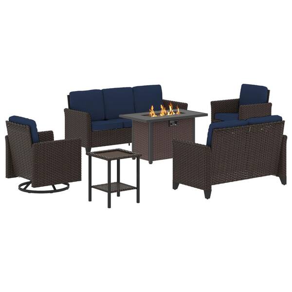 6-Piece Brown Wicker Outdoor Fire Pit Conversation Set with Blue Cushions and Swivel Rocker Patio Chairs