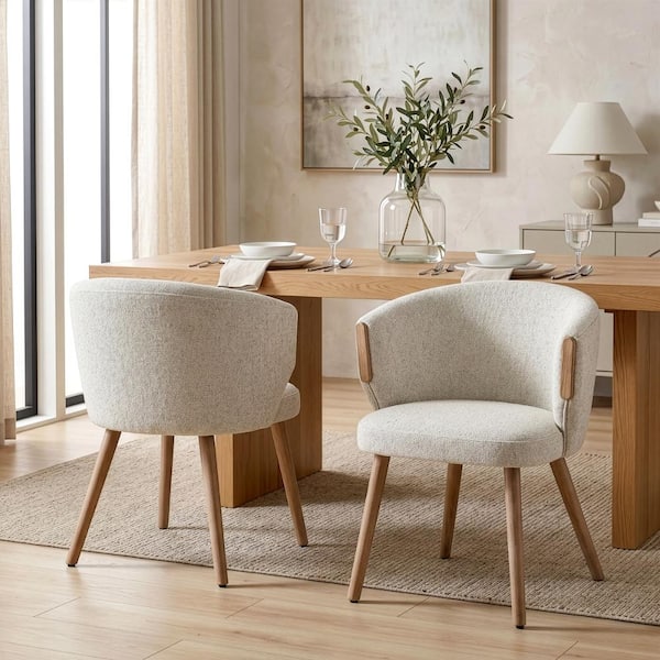Bernice Beige Washed Boucle Fabric Dining Chair with Natural Wood Arms and Legs Set of 2