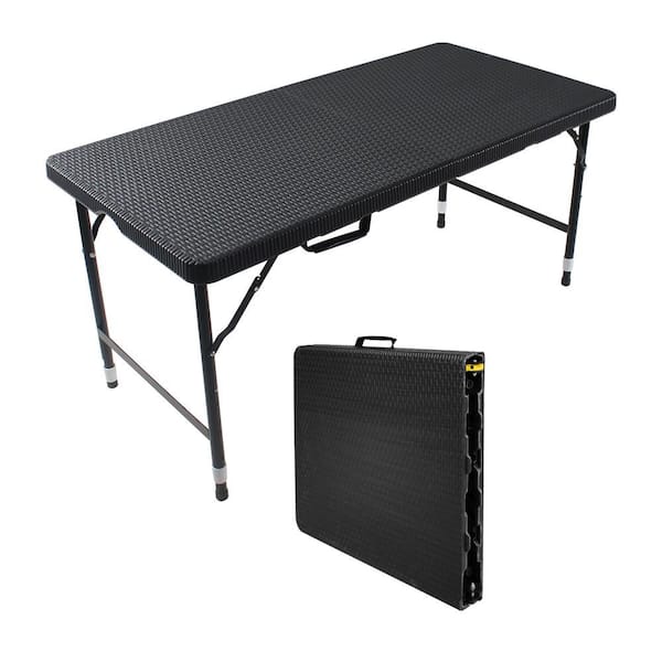 Unbranded Folding Camping Table, 49 in. Black Rectangle Steel High Load Bearing Fold Up Table Outdoor Portable Picnic Table