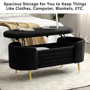 Modern Black Upholstered Sherpa Fabric Storage Ottoman Coffee Table, Storage Bench for Bedroom, Living Room, Entryway