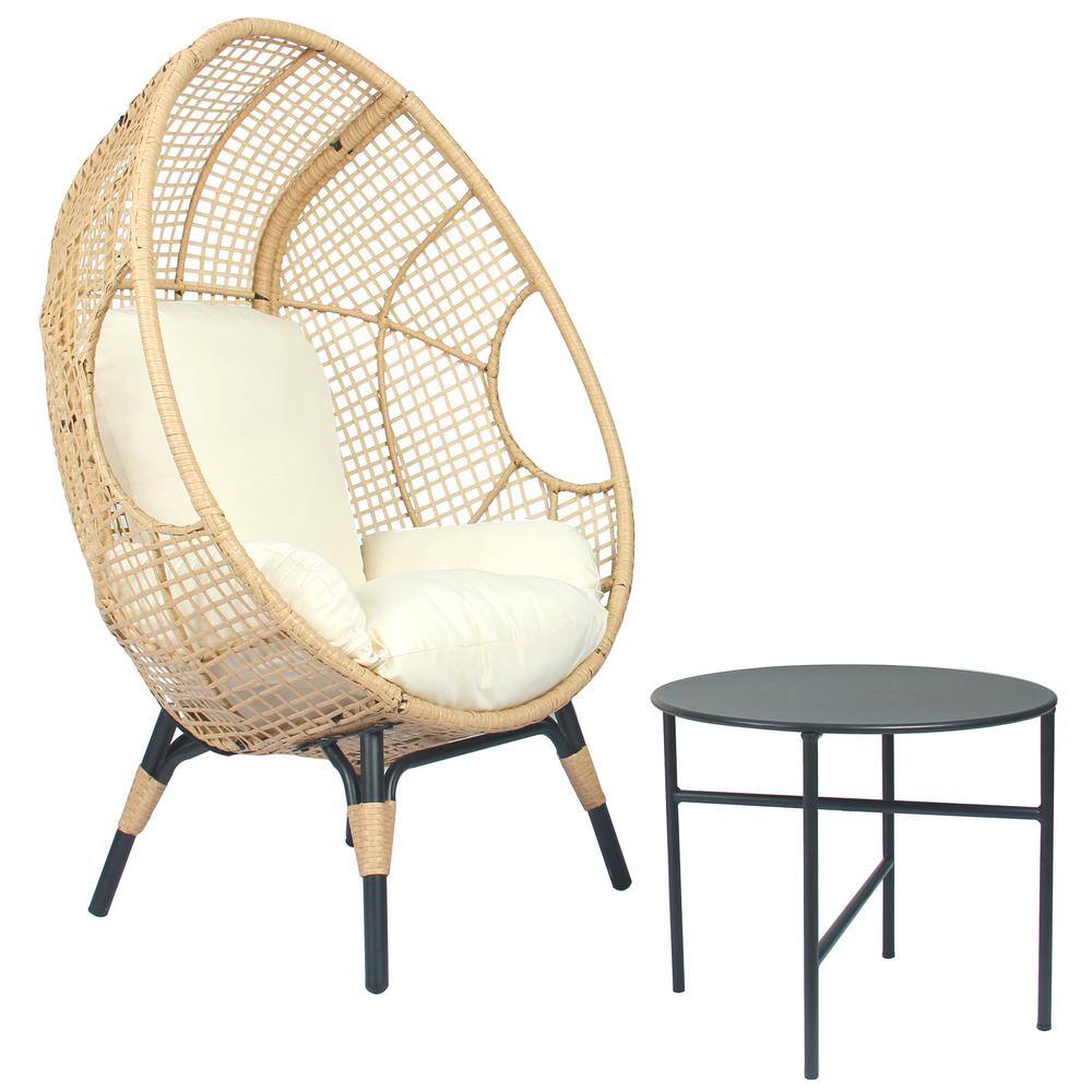 Natural Color Wicker Patio Egg Lounge Chair with Beige Cushion and Side Tab
