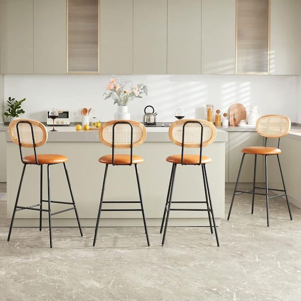 Lirago Whiskey Brown Frame Rattan Bar Height Bar Stools With Faux Leather Seat (Set of 4)